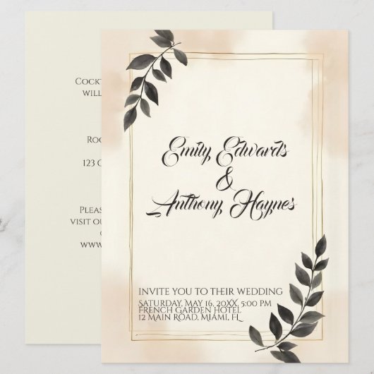 Faire-part de mariage élégant à feuille vert foncé (Devant / Derrière)