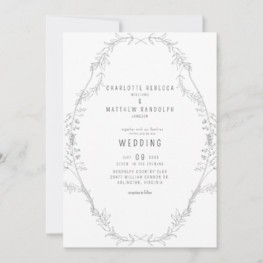 Faire-Part de Mariage Élégant à Main Feuillage Vin (Devant)