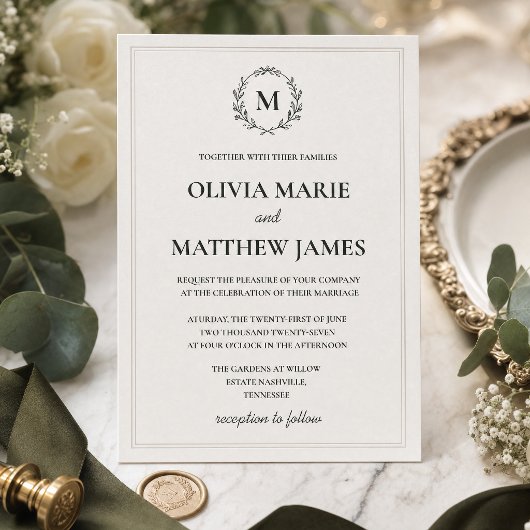 Faire-part de mariage élégant à monogramme vert ch