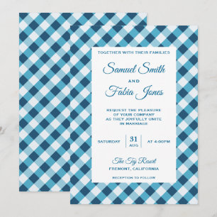 Faire-part de mariage élégant à motif gingham bleu