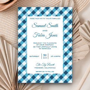 Faire-part de mariage élégant à motif gingham bleu