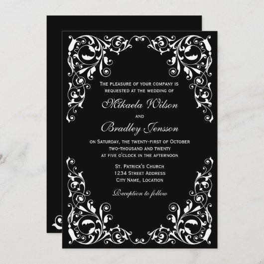 Faire-part de mariage élégant à perles noires et b (Devant / Derrière)