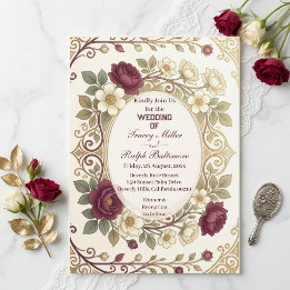 Faire-part de mariage élégant Art Nouveau or burgu