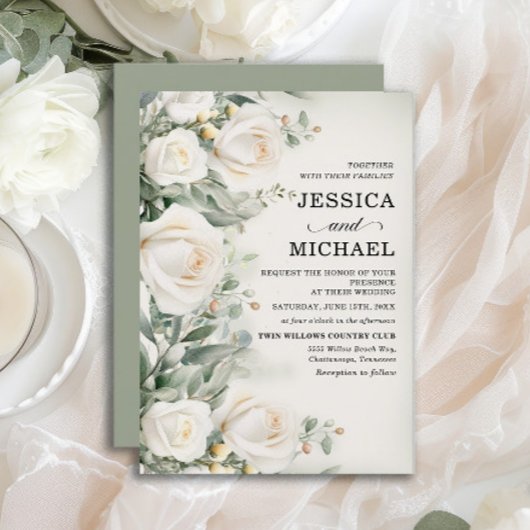 Faire-part de mariage élégant aux roses blanches