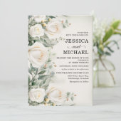 Faire-part de mariage élégant aux roses blanches (Debout devant)