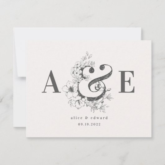 Faire-part de mariage élégant avec fleurs dessinée (Devant)