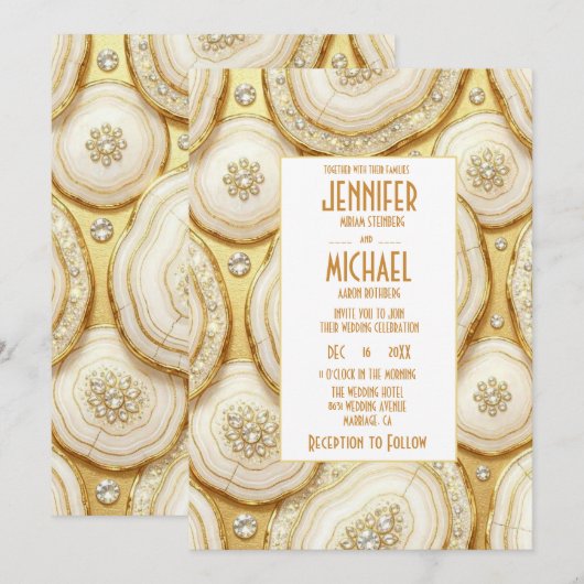 Faire-part de mariage élégant blanc et or géode (Devant / Derrière)