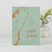 Faire-part de mariage élégant bleu et marbre de cu (Debout devant)
