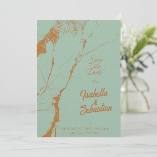 Faire-part de mariage élégant bleu et marbre de cu (Debout devant)