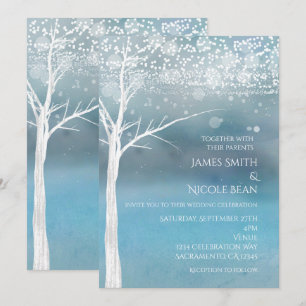 Faire-Part de Mariage Elégant Bleu Hiver Arbre Bla