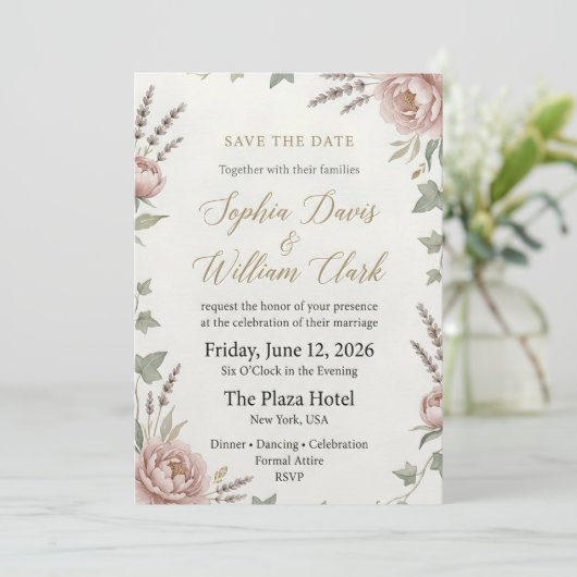 Faire-part de mariage Élégant Blush Peony (Debout devant)