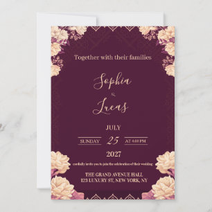 Faire-part de mariage élégant bordeaux et or