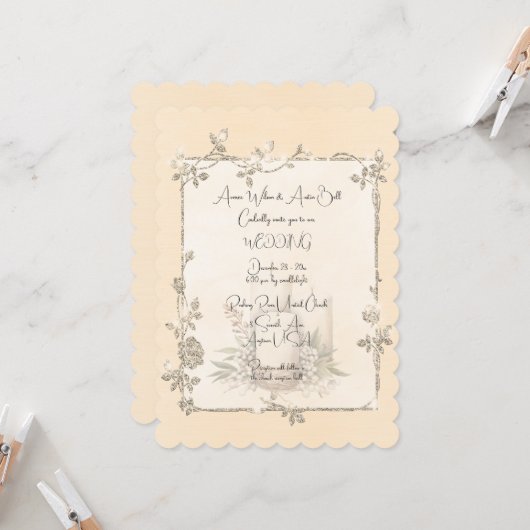 Faire-part de mariage élégant brillant cadre ivoir (Devant/Arrière en situation)