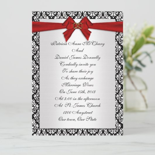 Faire-part de mariage élégant Damask avec arc roug (Debout devant)