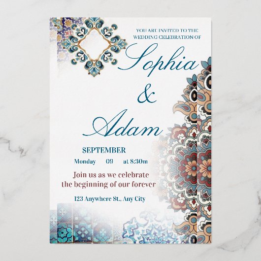 Faire-part de mariage élégant en carreaux marocain (Recto)