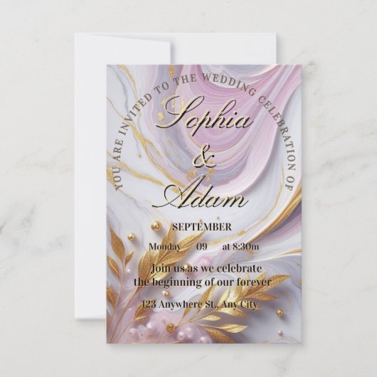 Faire-part de mariage élégant en marbre et or (Devant)