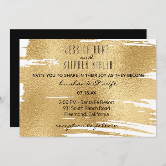 Faire-part de mariage élégant en noir et or (Devant / Derrière)