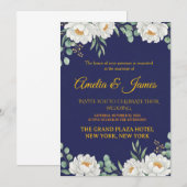 Faire-part de mariage élégant floral bleu marine (Devant / Derrière)