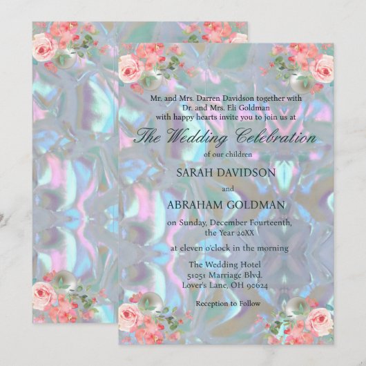 Faire-part de mariage élégant iridescent nacre (Devant / Derrière)