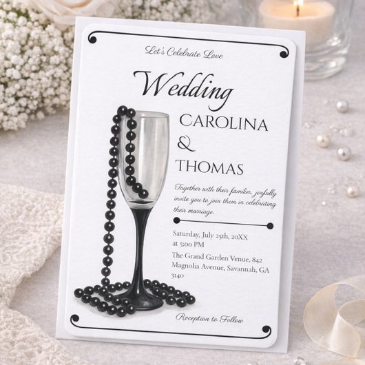 Faire-part de mariage élégant moderne perle noire