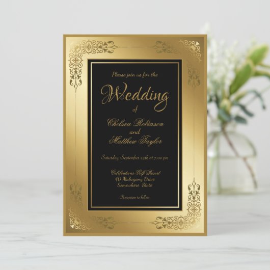 Faire-part de mariage Elegant Noir avec cadre Or (Debout devant)