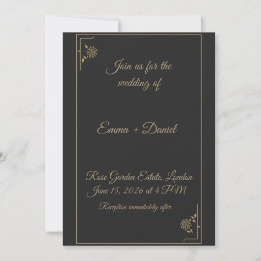 Faire-part de mariage élégant noir et or (Devant)
