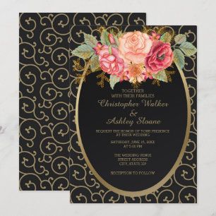 Faire-part de mariage élégant noir et or avec des