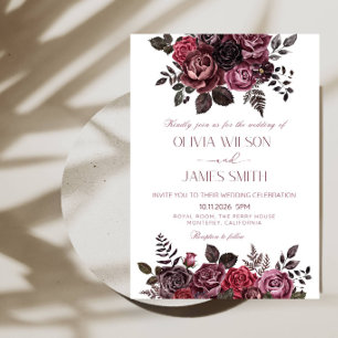 Faire-part de mariage Elégant Roses Rouges & Noire
