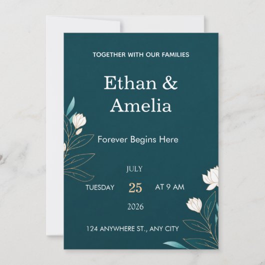 Faire-part de mariage élégant sarcelle (Devant)