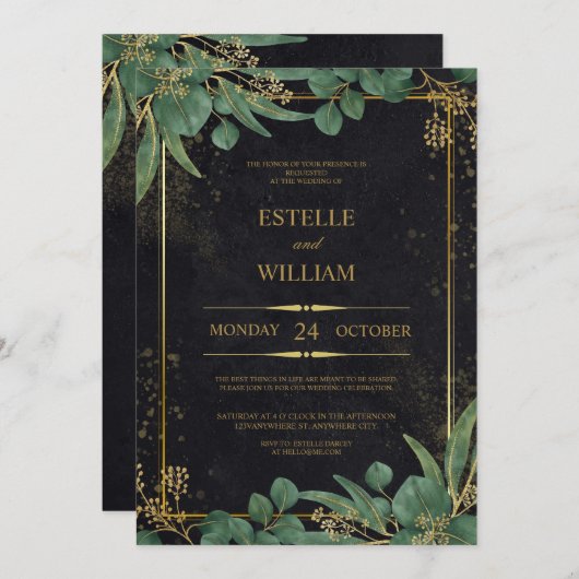 Faire-part de mariage élégant vert émeraude et or (Devant / Derrière)