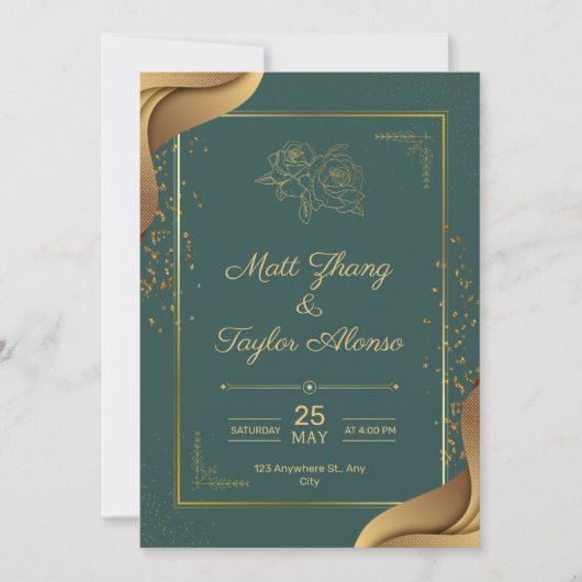 Faire-Part De Mariage Élégant Vert Et Or (Devant)