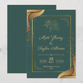 Faire-Part De Mariage Élégant Vert Et Or (Devant / Derrière)