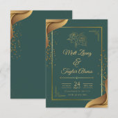 Faire-part de mariage élégant vert et or (Devant / Derrière)