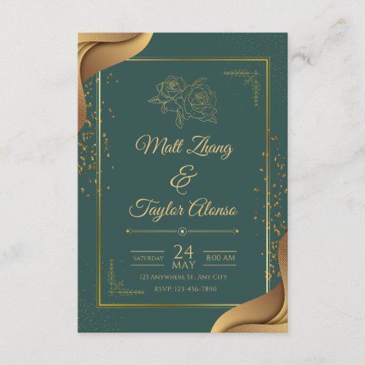Faire-part de mariage élégant vert et or (Devant)