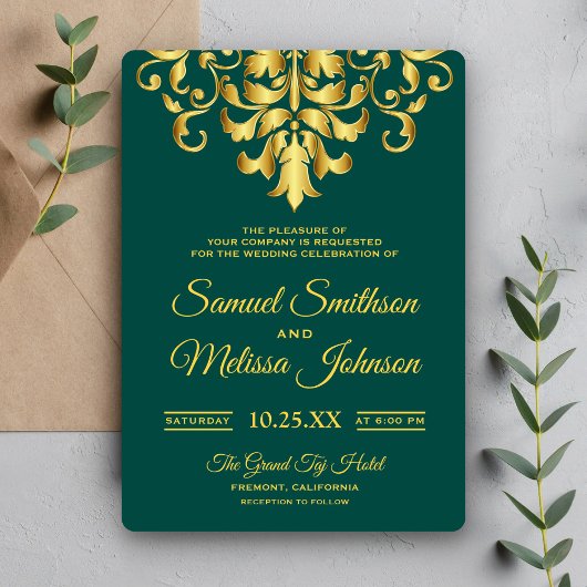Faire-part de mariage élégant vert et or damassé