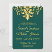 Faire-part de mariage élégant vert et or damassé (Devant)