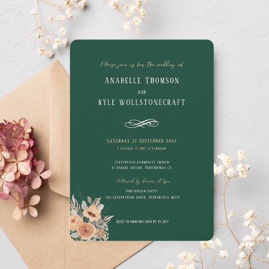 Faire-part de mariage - Élégant vert foncé fleuri