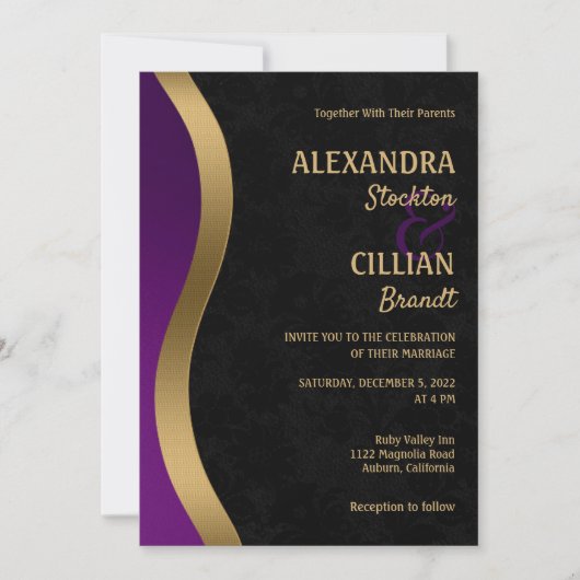 Faire-part de mariage élégant violet et or (Devant)