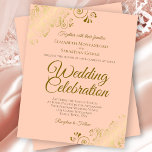 Faire-part de mariage Élégante Peach Lace Or<br><div class="desc">Ces invitations de mariage abordables et abordables sont le choix parfait pour la classe, le style et la beauté sur un budget. Le design est composé d'un arrière - plan couleur pêche orange pâle ou corail avec des boucles dorées ornées et des tourbillons dans les coins. La typographie comprend des...</div>