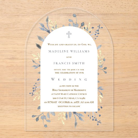faire-part de mariage en acrylique à feuillage ble (Recto)