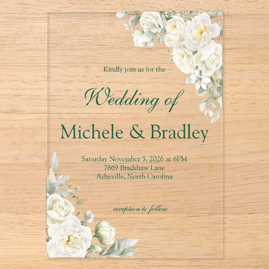Faire-part de mariage en acrylique Roses Blanches (Recto)