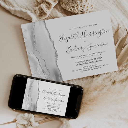 Faire-part de mariage en agate grise et argentée m