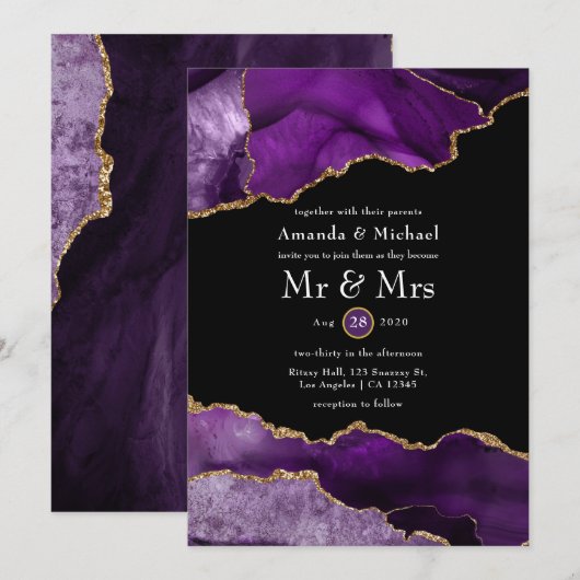 Faire-part de mariage en agate or et violet (Devant / Derrière)
