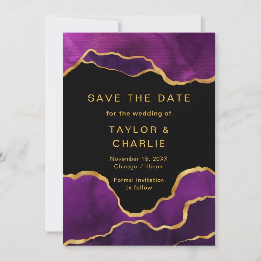 Faire-part de mariage en agate peinte en violet et (Devant)