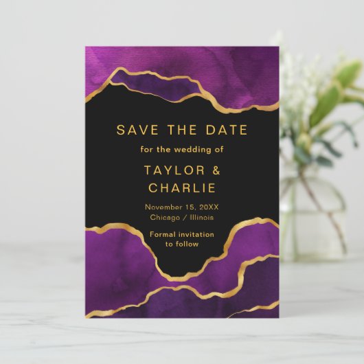 Faire-part de mariage en agate peinte en violet et (Debout devant)