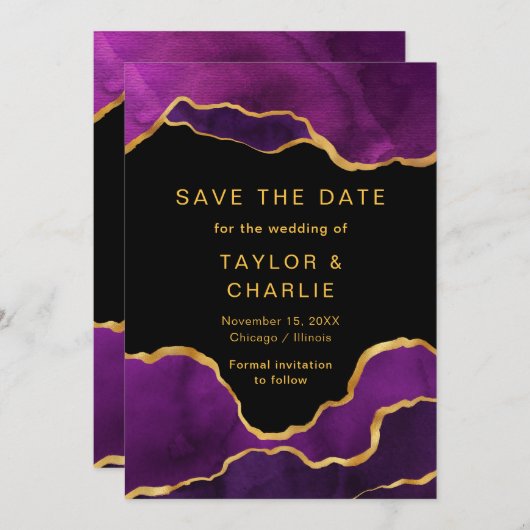 Faire-part de mariage en agate peinte en violet et (Devant / Derrière)