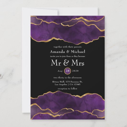 Faire-part de mariage en Agate Violet et Or (Devant)