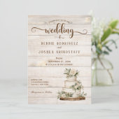 Faire-part de mariage en bois avec gâteau rustique (Debout devant)