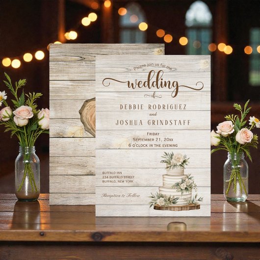 Faire-part de mariage en bois avec gâteau rustique