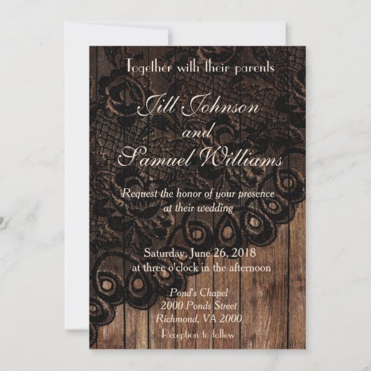Faire-part de mariage en bois Brown et en dentelle (Devant)